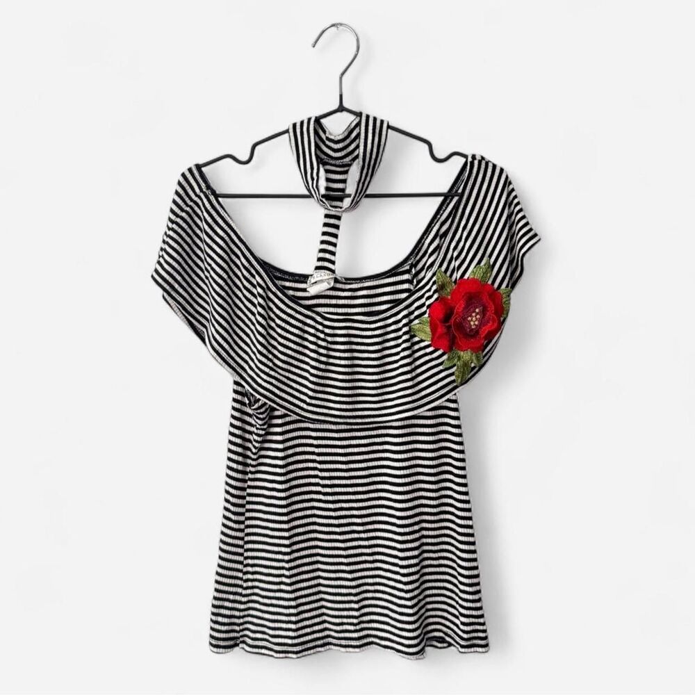 Y2K striped off the shoulder top with red rose appliqué